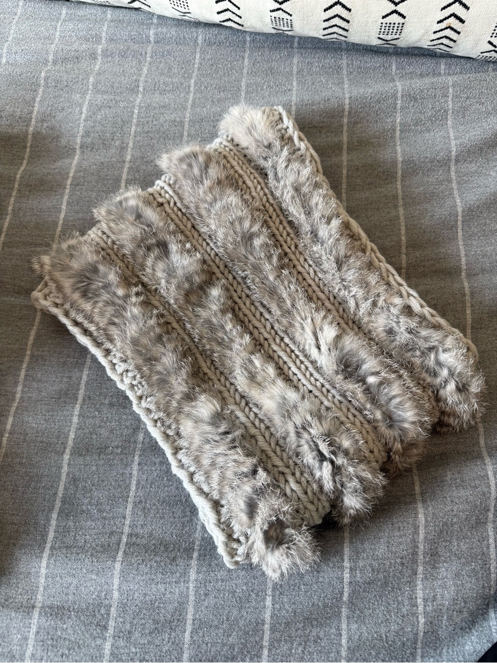 Calypso St. Barth Light Grey Knit Neck Warmer with real Rabbit Fur Details